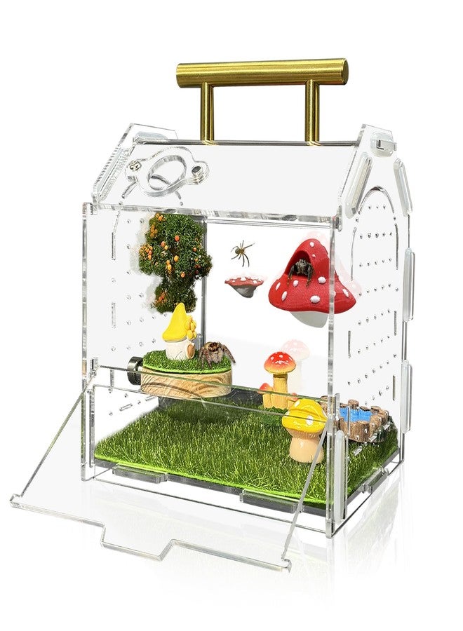 Julang Jumping Spider Enclosure, 5.9" X 4.7" X 5.5" Acrylic Spider Habitat, Front Opening Reptile Terrarium with Matrix Ventilation Holes & Feeding Holes, for Hermit Crab Tarantula Mantises Beetles - Image 1